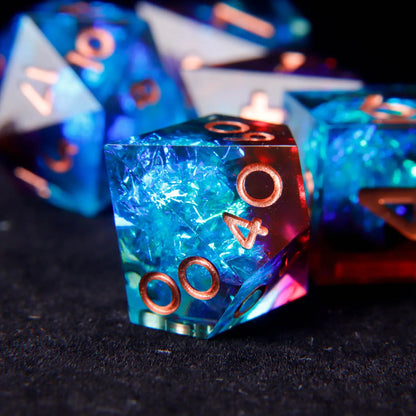 Percentile D10 die with holographic blue-red laser effect and matching rose gold numbers. Captures light brilliantly from every angle.