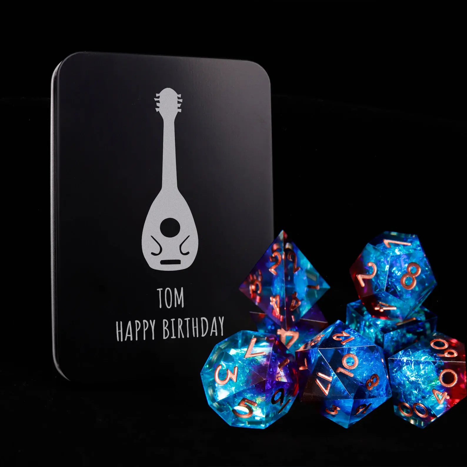  Premium blue-red laser iridescent dice set with rose gold numbers, presented inside a customizable metal gift box. Perfect for gifting and storage.