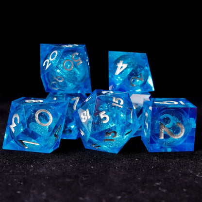 Blue starry sharp edge liquid core dice set with swirling glitter for DND players