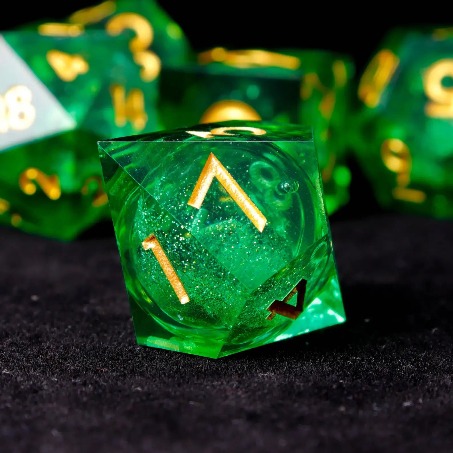 Ultra-close-up of the resin liquid die, highlighting the high-transparency edges and the layered depth of the green starry core.