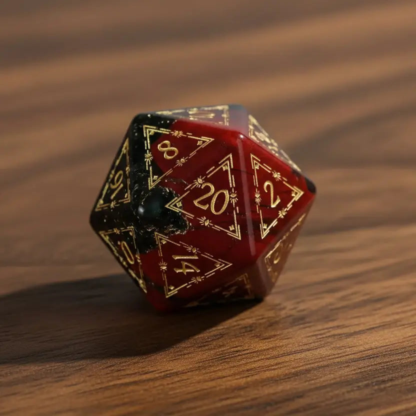 D20 from the Gemstone Engraved Dice Set, showing custom text or symbol engraved on one face