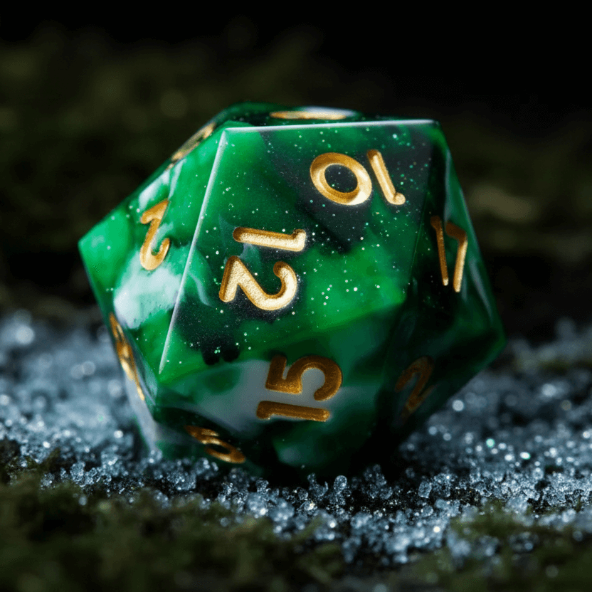Close-up of a D20 from the Snow Moss Dice Set, showing detailed green and white marbled resin texture and sharp edges