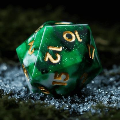 Close-up of a D20 from the Snow Moss Dice Set, showing detailed green and white marbled resin texture and sharp edges