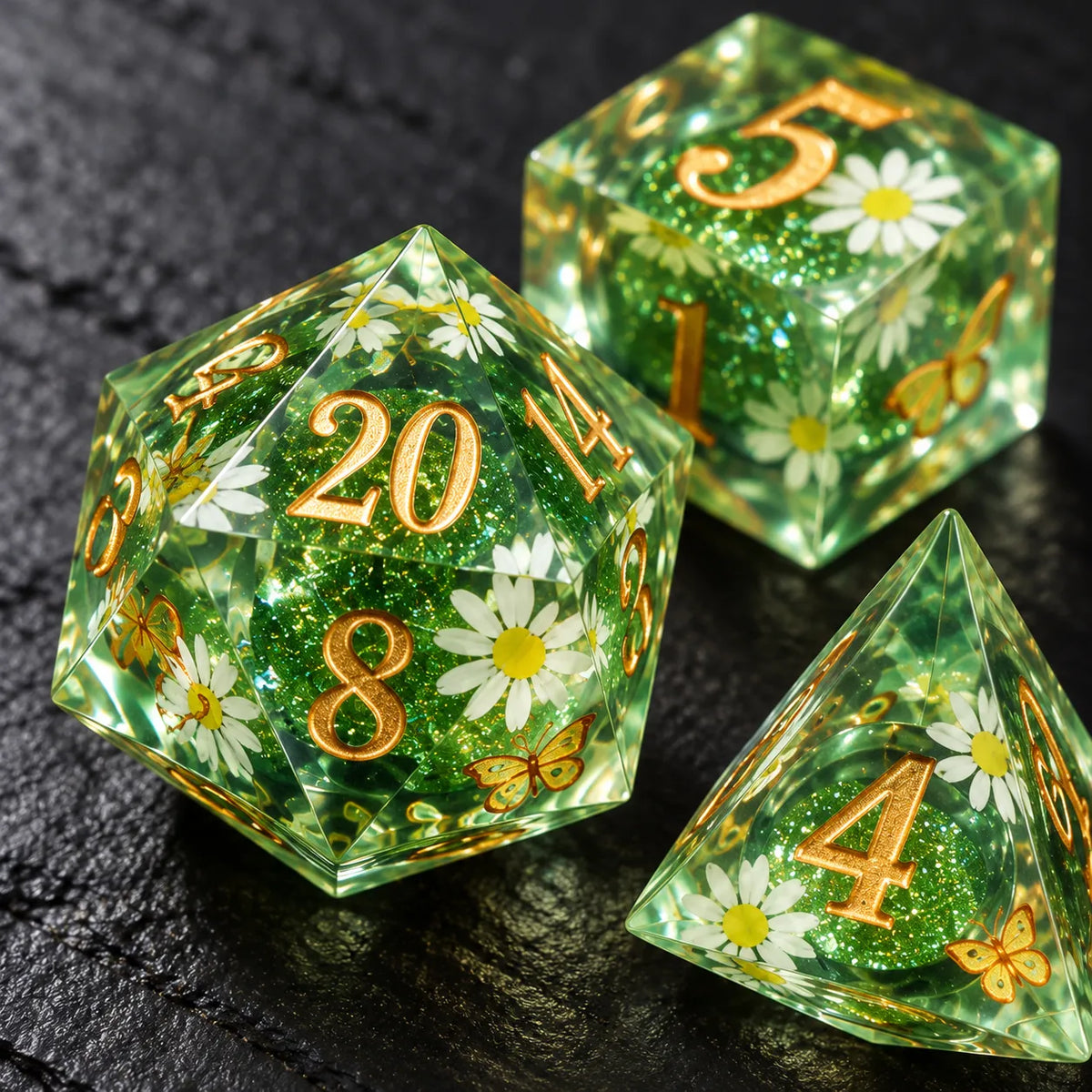Green Daisy Resin DND Dice Set