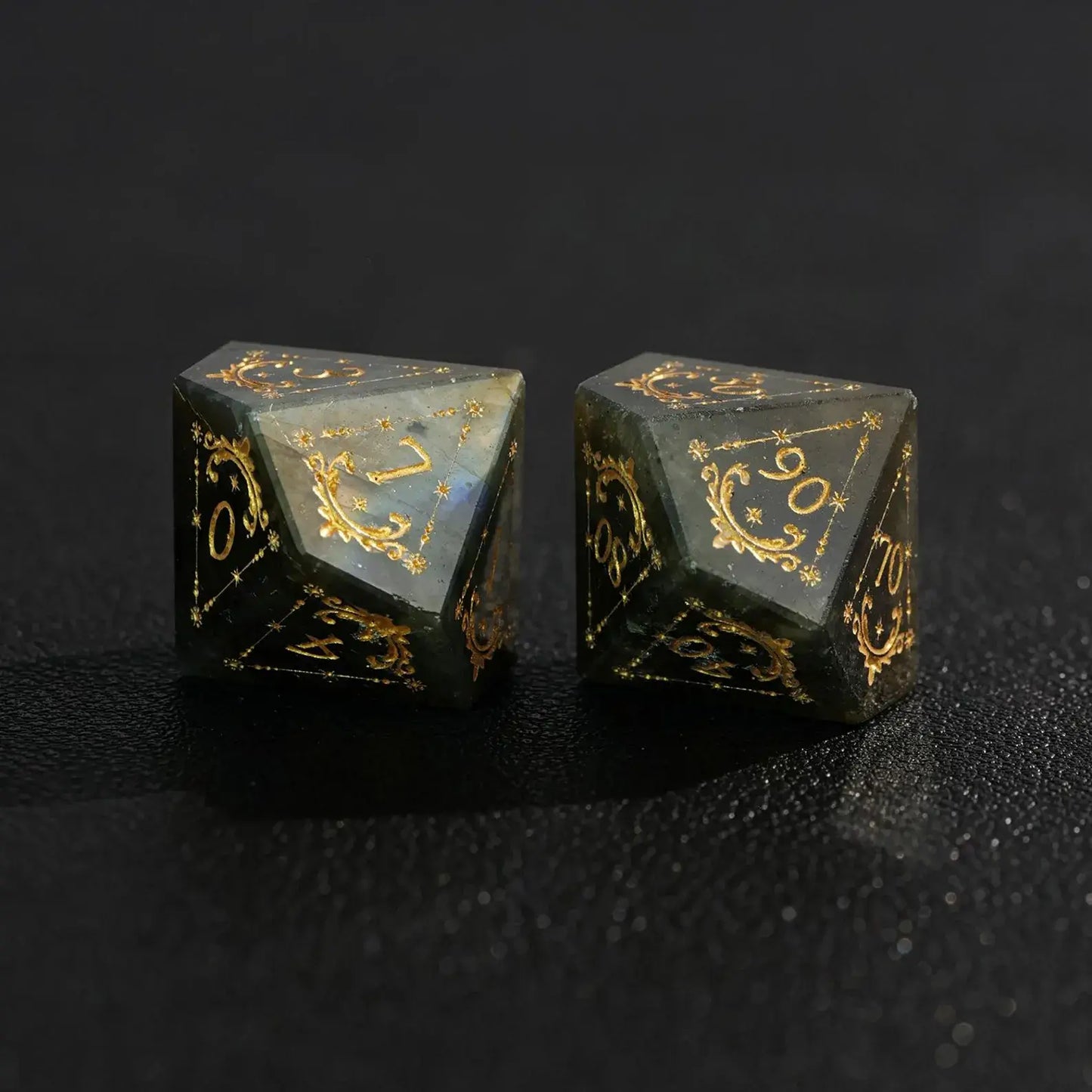 Lighting shot of the Blue Labradorite gemstone DND Dice Set emphasizing the rich sapphire hue and polished luster of the Lapis Lazuli.