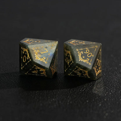 Lighting shot of the Blue Labradorite gemstone DND Dice Set emphasizing the rich sapphire hue and polished luster of the Lapis Lazuli.