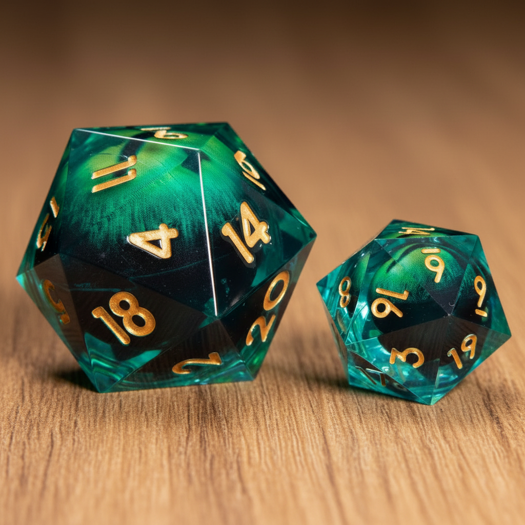 Oversized Demon Eye D20 placed on a realistic RPG tabletop scene with natural lighting and sharp-edge clarity