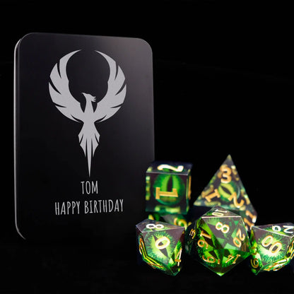 Green Resin Demon's Eye Dice Set presented inside a customizable metal gift box.