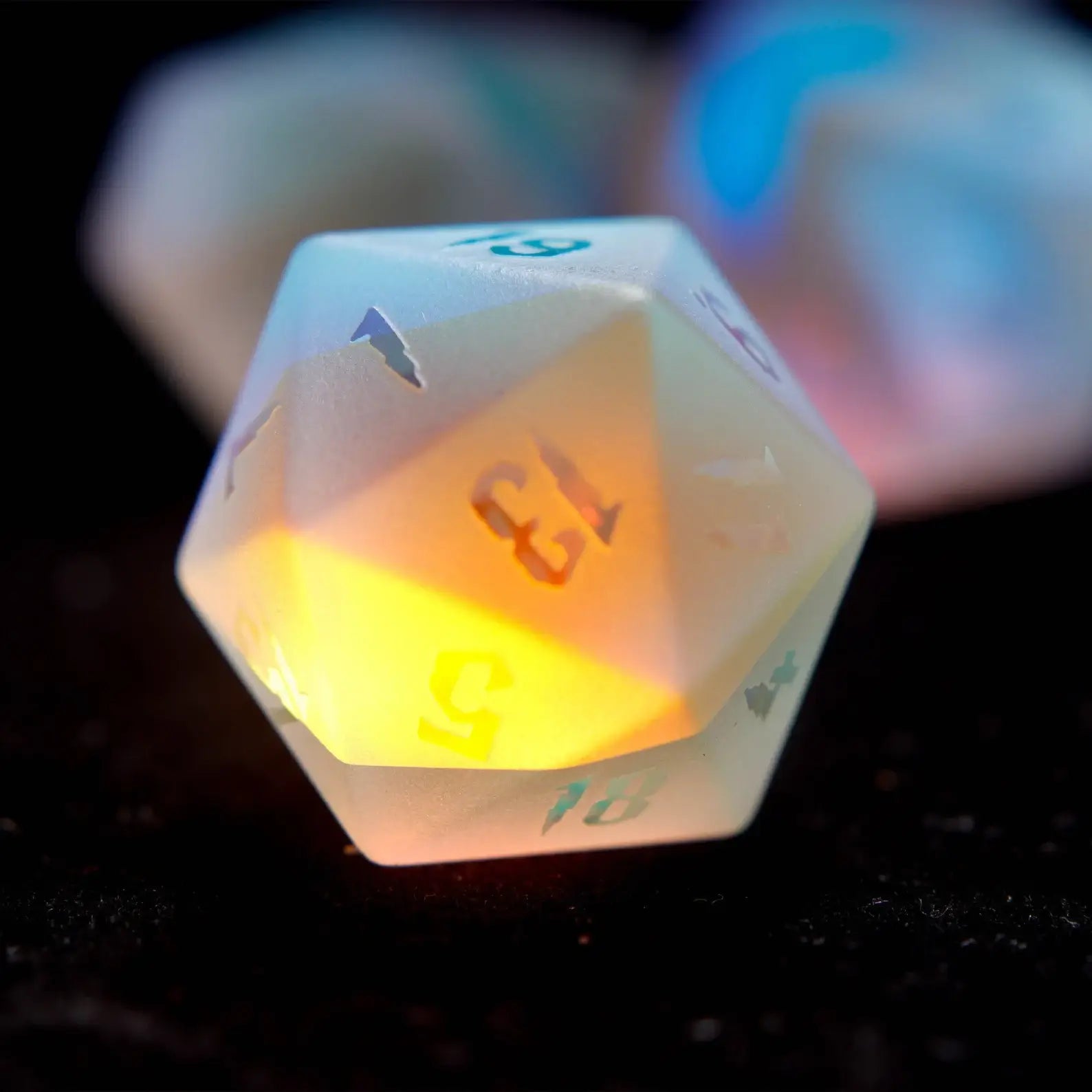 Internal light diffusion inside dichroic glass under a frosted surface, creating a dreamy, aurora-like color shift.