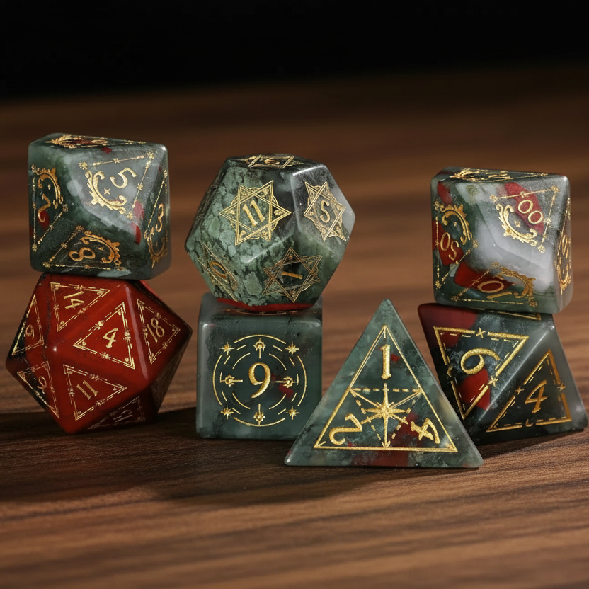 Handcrafted D&D Bloodstone Gemstone Dice Set with sharp edges, displayed on a dark background