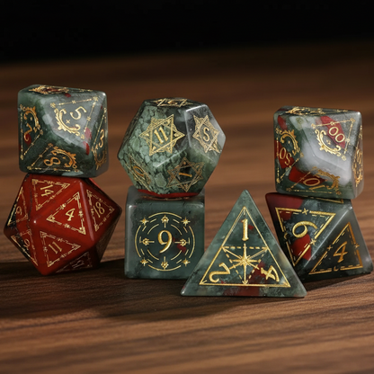 Handcrafted D&D Bloodstone Gemstone Dice Set with sharp edges, displayed on a dark background