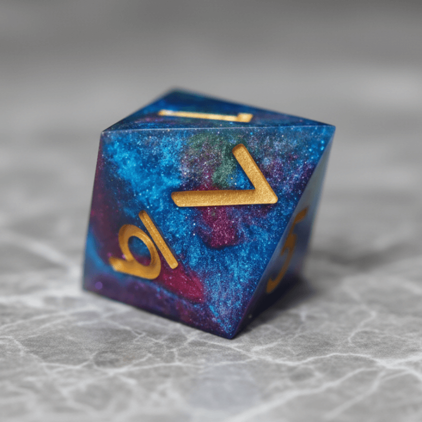 A set of colorful shimmering resin dice styled on a wooden table for a D&D druid character.