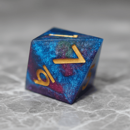 A set of colorful shimmering resin dice styled on a wooden table for a D&D druid character.