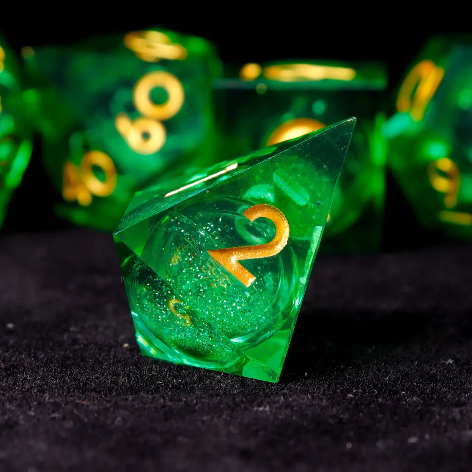 Macro shot of micro-shimmer inside the emerald liquid, creating a miniature cosmos effect