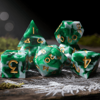 Complete set of Snow Moss DND resin dice arranged dramatically on a dark, textured surface with soft shadow accents, highlighting all polyhedral shapes