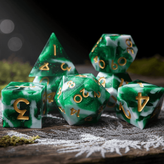 Complete set of Snow Moss DND resin dice arranged dramatically on a dark, textured surface with soft shadow accents, highlighting all polyhedral shapes