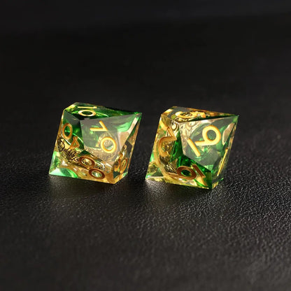Green Blue Brass Ring D10 and D% resin dice set, balanced for fate and chance rolls, SKU R-72
