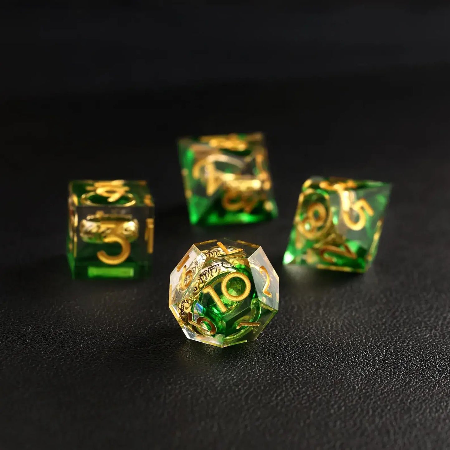 Green Blue Brass Ring D10 and D% resin dice set, balanced for fate and chance rolls, SKU R-72