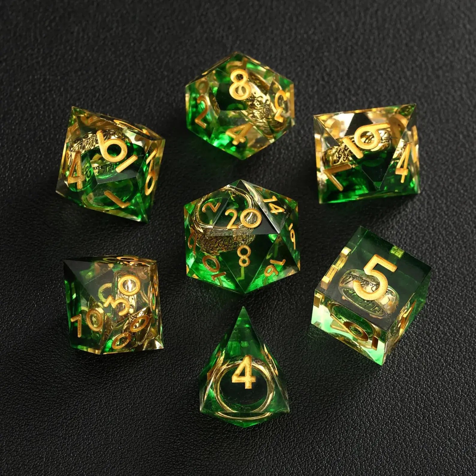 Green Blue Brass Ring DND Resin Dice 7-piece full set for RPG and DND, SKU R-72