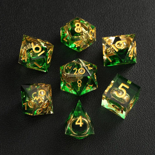 Green Blue Brass Ring DND Resin Dice 7-piece full set for RPG and DND, SKU R-72