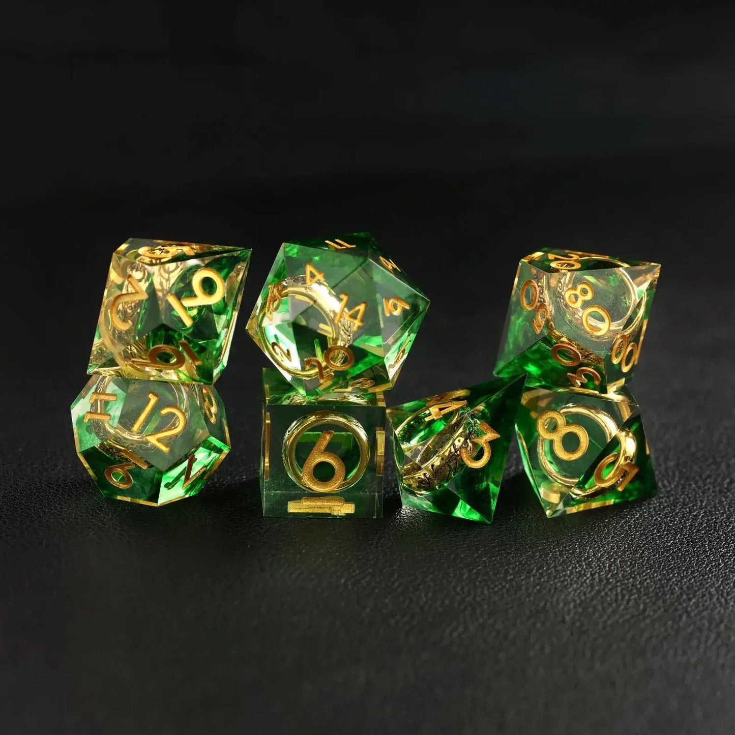 Green Blue Brass Ring DND Resin Dice full set displayed with RPG miniatures and character sheets, SKU R-72