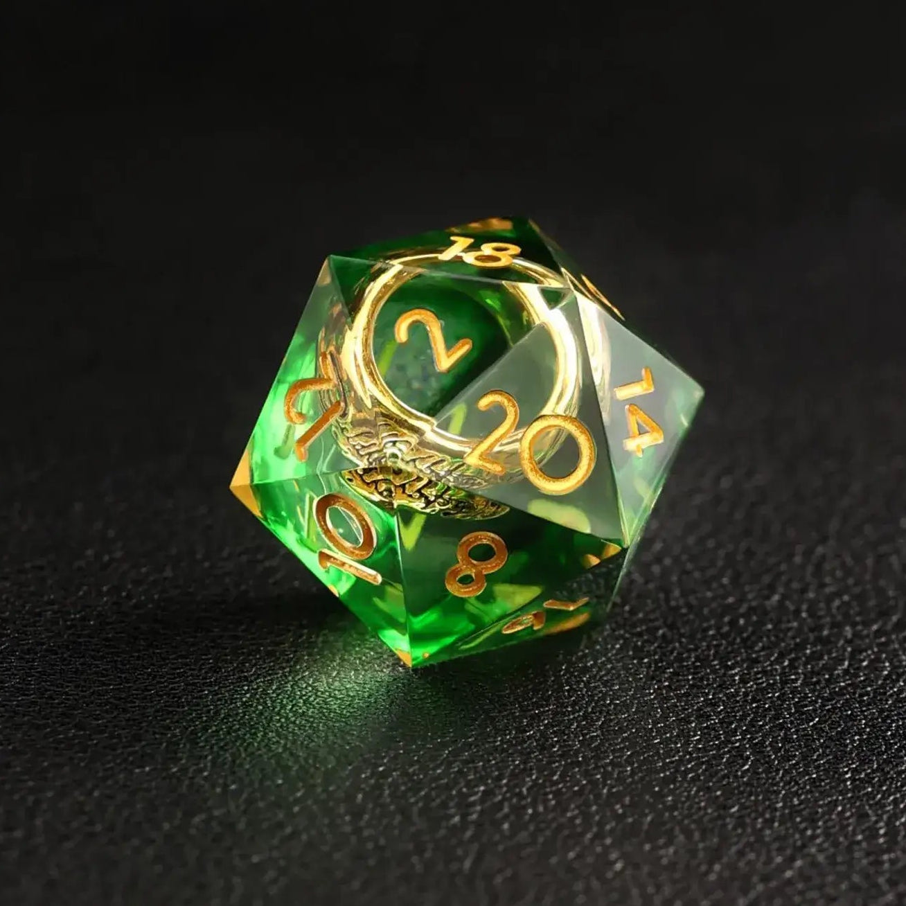Green Brass Ring D20 resin dice, sharp edges for precise DND rolls