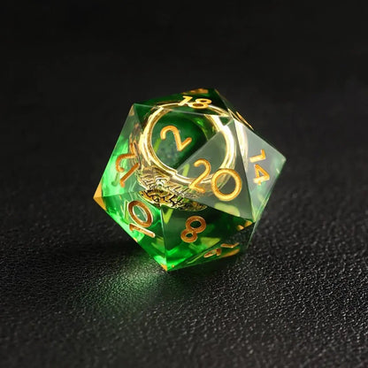 Green Brass Ring D20 resin dice, sharp edges for precise DND rolls