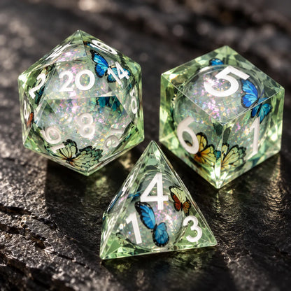 Green Butterfly Sharp Edge Resin DND Dice Set