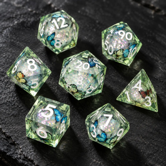 Green Butterfly Sharp Edge Resin DND Dice Set