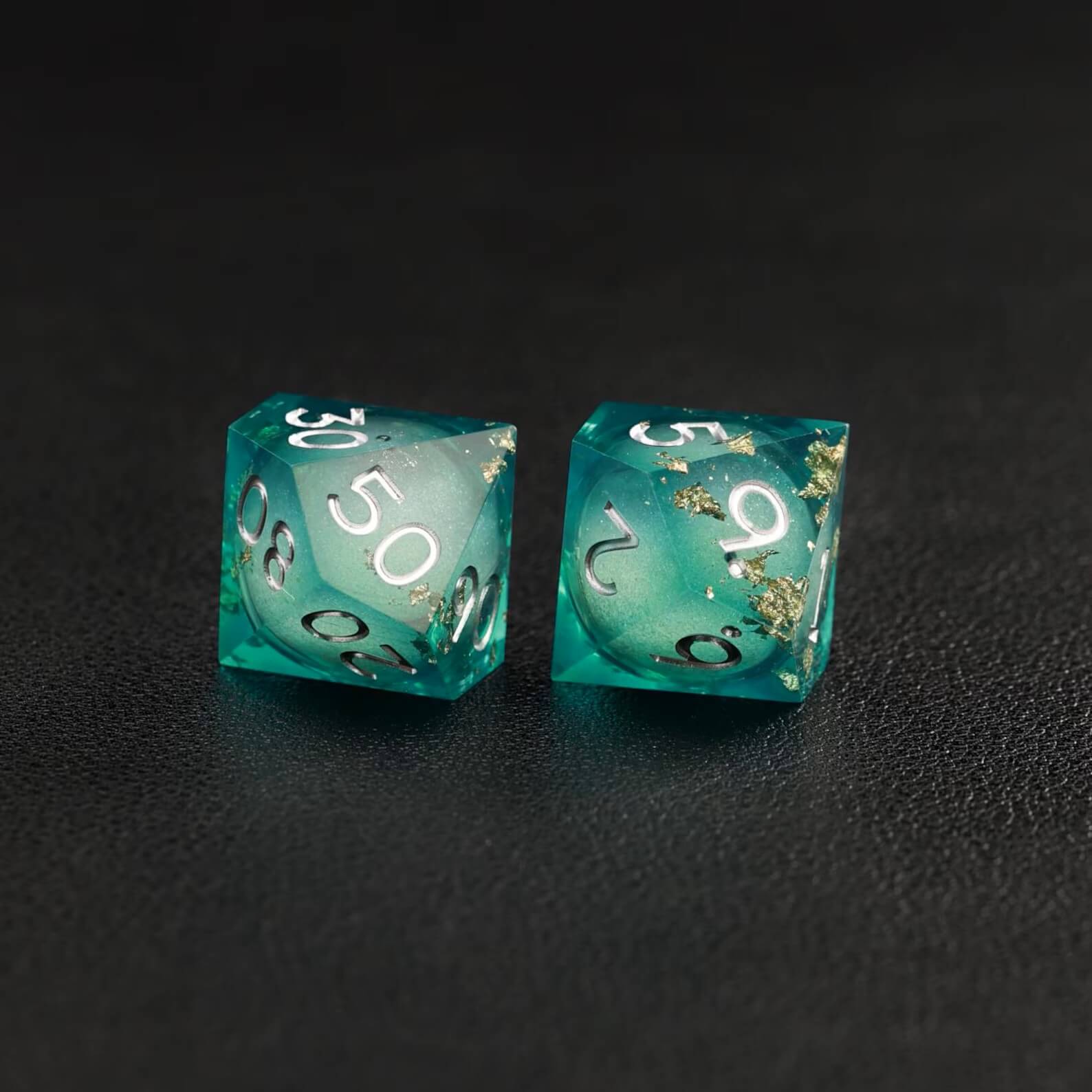 Green Copper Foil Liquid Core D8 resin dice for precise DND rolls and tabletop games