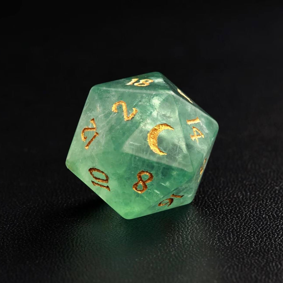 Green Fluorite DND Dice Set D20 extreme close-up showing sharp edges and clear internal fluorite pattern.