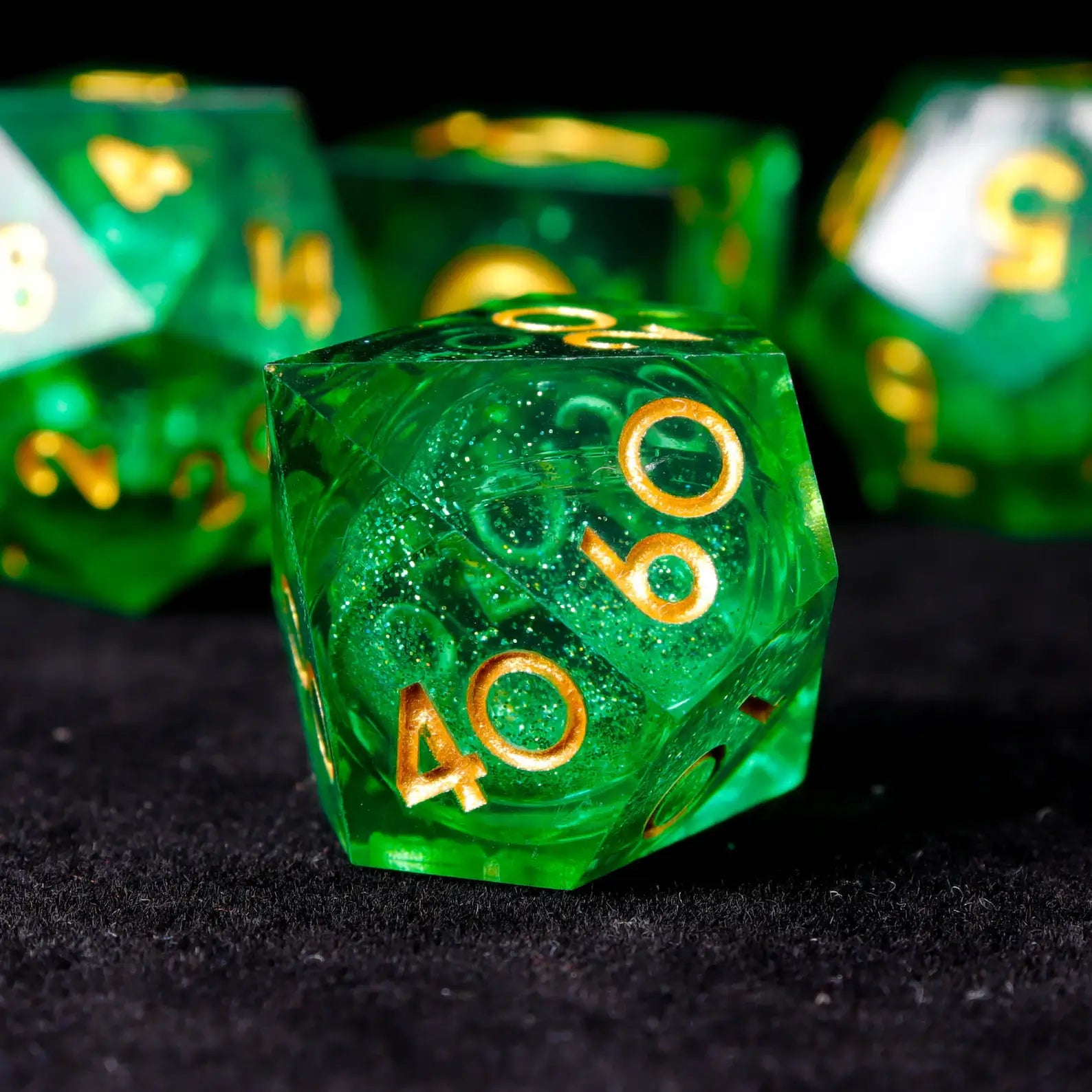 The subtle glow reflected by the green liquid core dice in a dim gaming room, creating a mysterious dungeon atmosphere.
