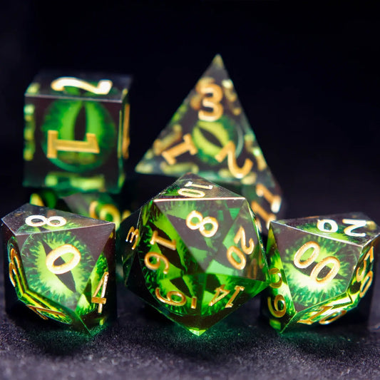 Complete Green Resin Demon's Eye Dice Set - all seven polyhedral dice displayed together.
