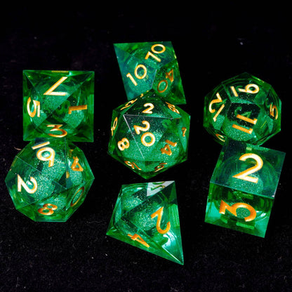 7-piece Green Starry Liquid Core DND Dice set showing the internal swirling glitter effect.