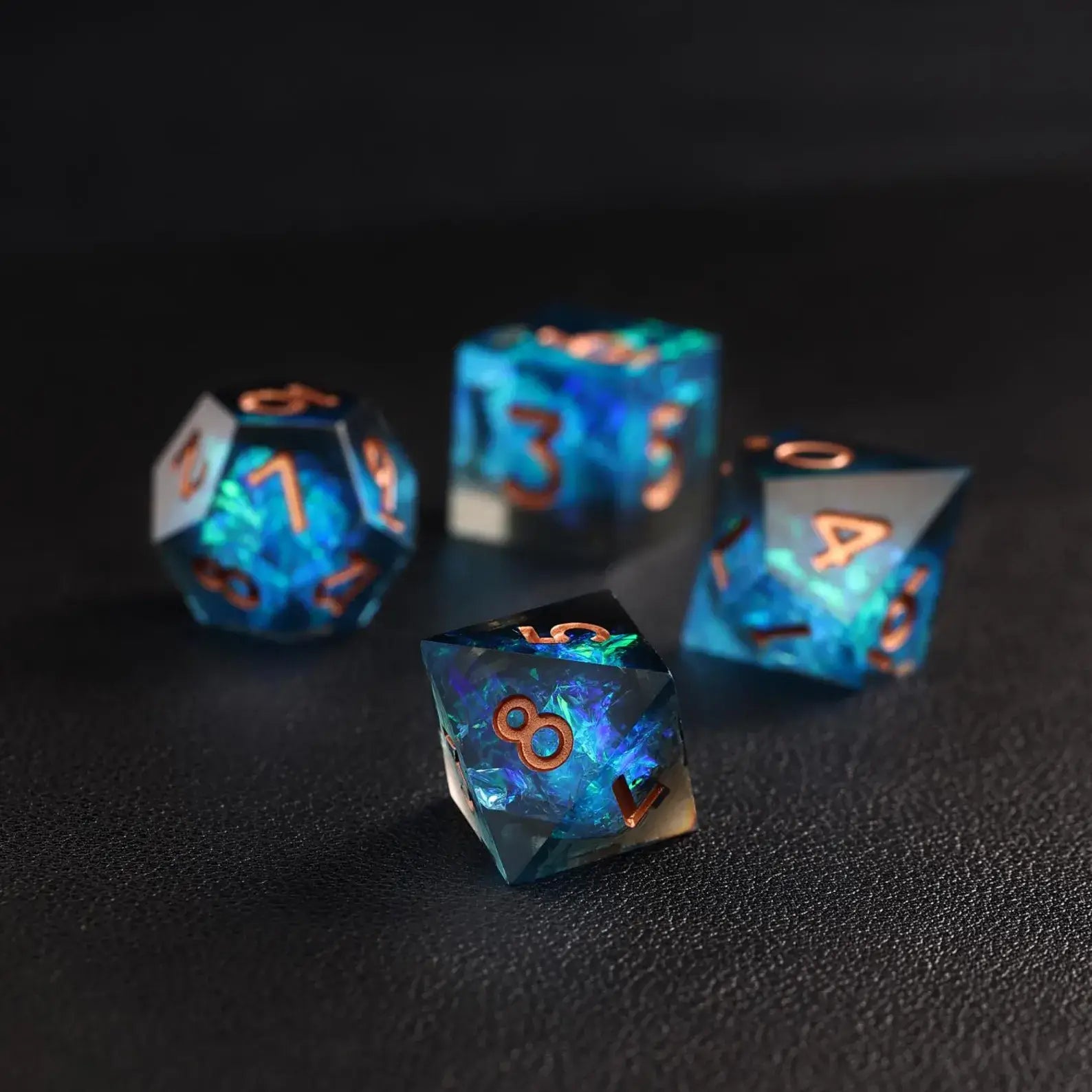 A close-up view highlighting the handcrafted quality and high-clarity of the Blue Lightning Resin DND Dice.