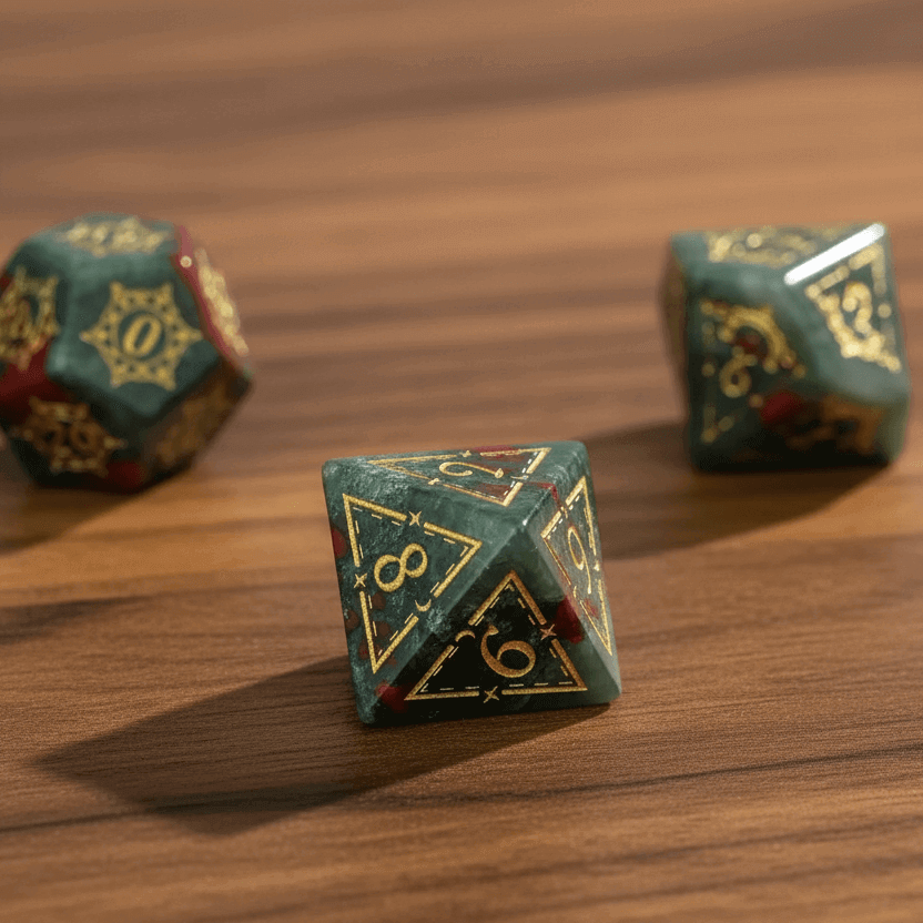 Authentic handcrafted Gemstone Dice Set casually scattered on a dark walnut desktop, showcasing natural textures