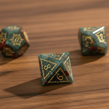 Authentic handcrafted Gemstone Dice Set casually scattered on a dark walnut desktop, showcasing natural textures