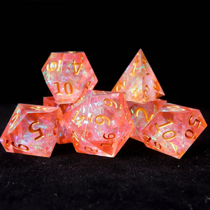 Holographic Orange and Pink Resin Dice Set with Prismatic Sunset Glow