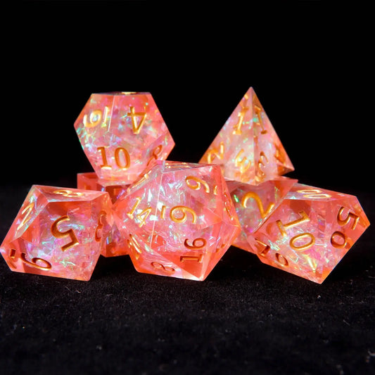Holographic Orange and Pink Resin Dice Set with Prismatic Sunset Glow