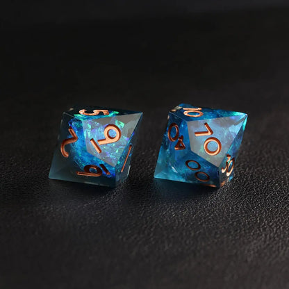 Macro shot of the Blue Lightning D6 showing the unique swirling pattern of the sharp edge resin dice.