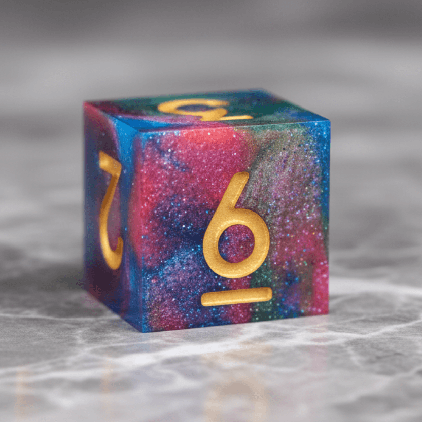 High contrast gold numbers on a shimmering pink, blue, and green D6 resin die for D&D.