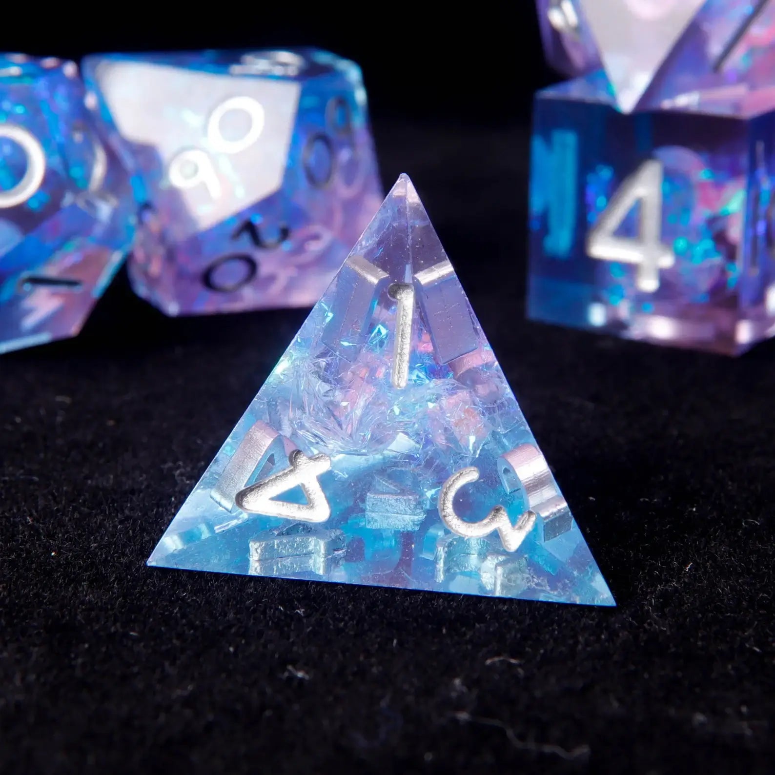Macro view of high-contrast engraved numbers on URdice Purple-Blue Resin DND Dice