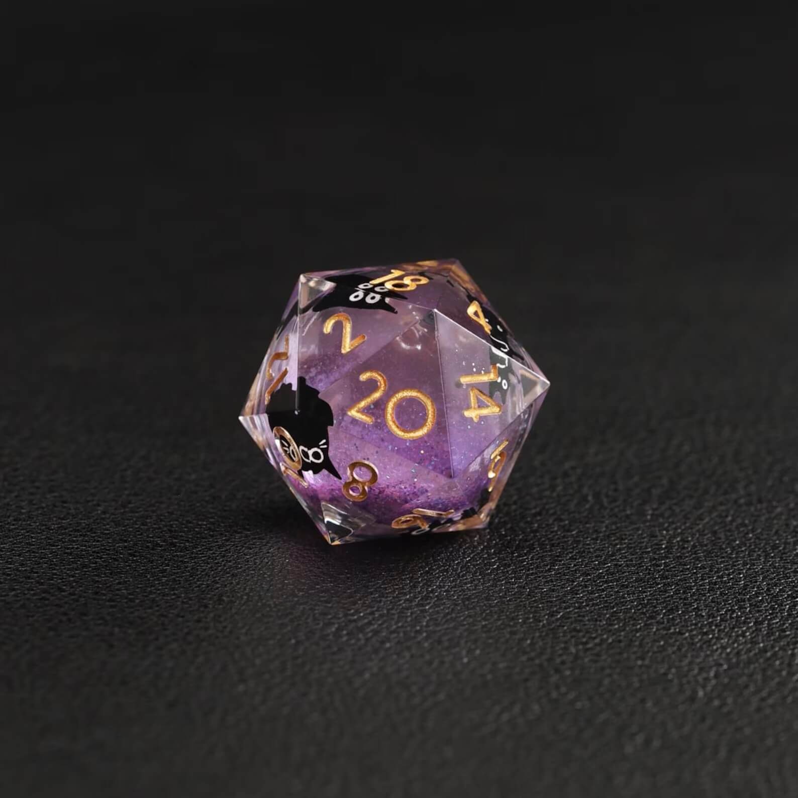 Liquid Core Dice D20 with purple swirl resin and black cat core, animal dice design with vivid moving liquid center