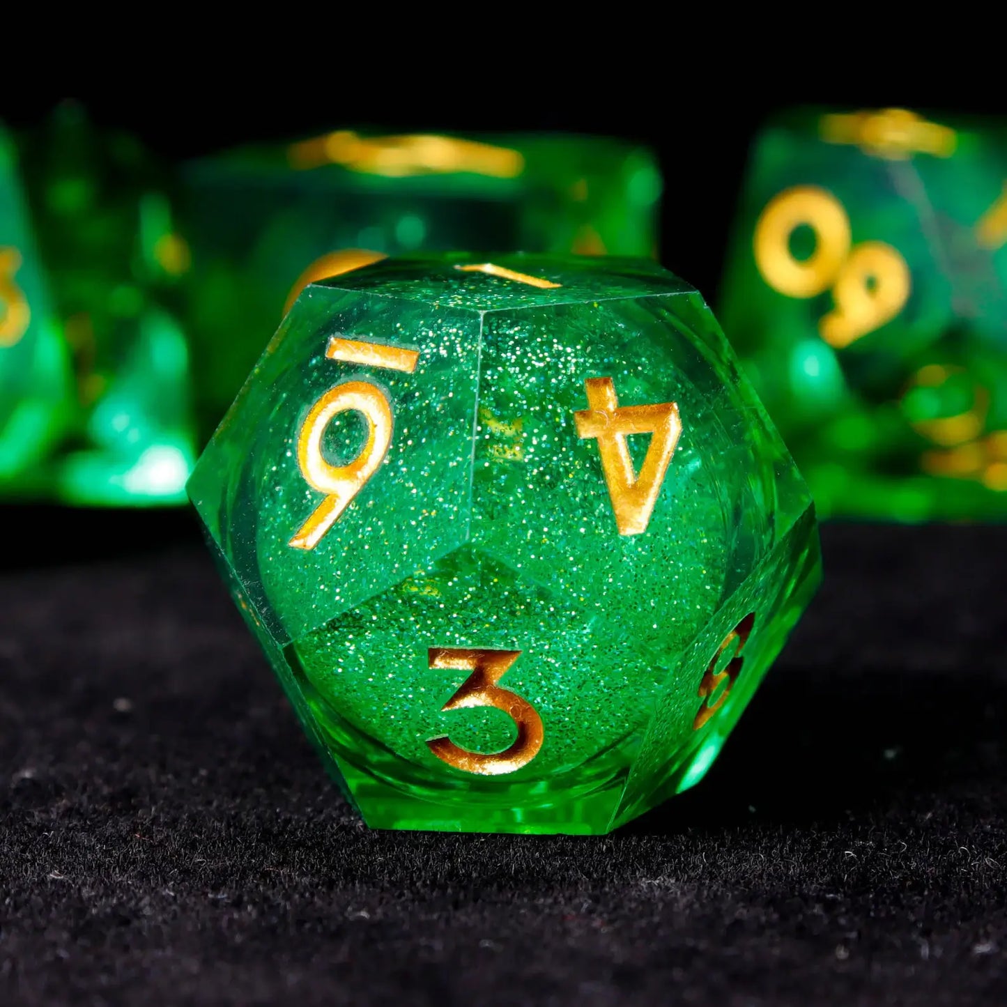 Green liquid core dice under backlighting, showcasing crystal-clear transparency and zero bubbles.