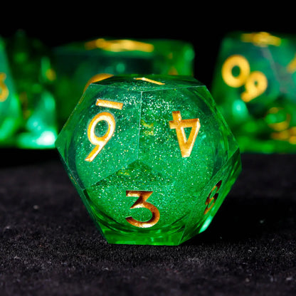 Green liquid core dice under backlighting, showcasing crystal-clear transparency and zero bubbles.