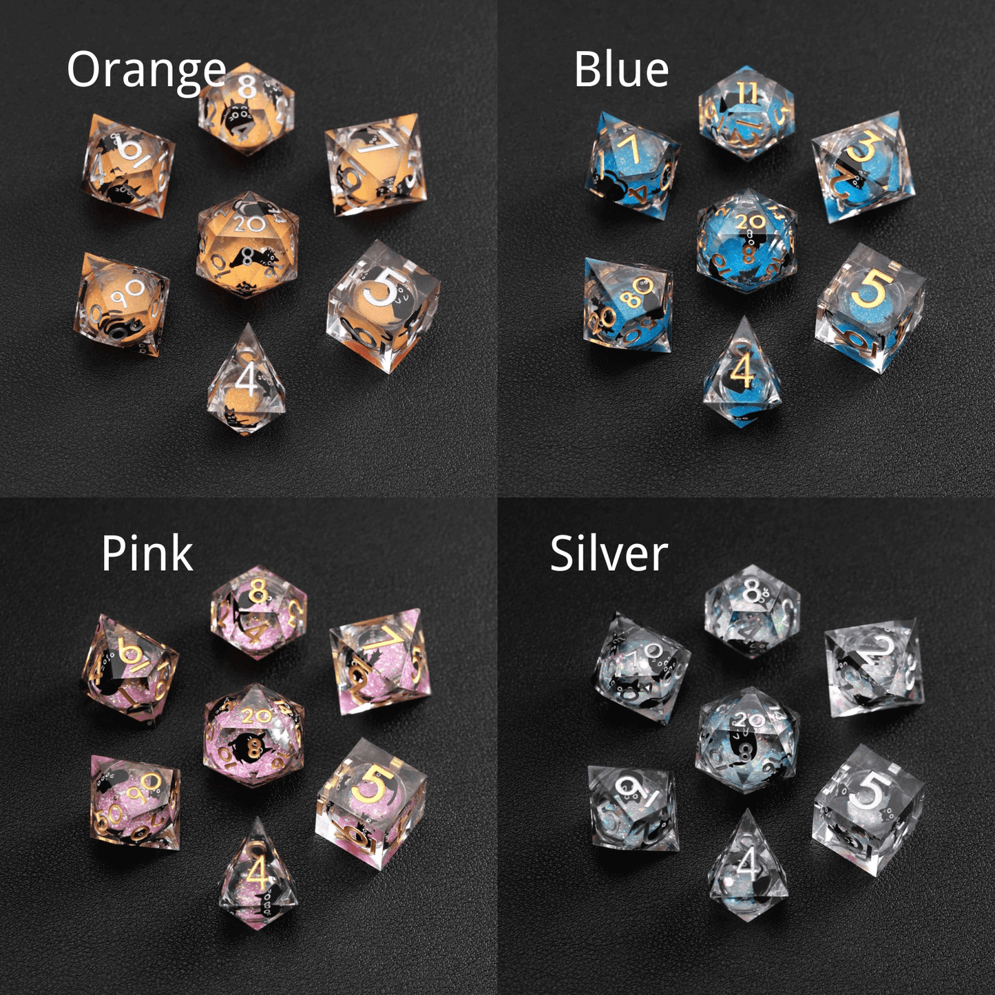 Liquid Core Dice resin set animal series showing orange, purple, pink, and silver swirl designs in one collection display