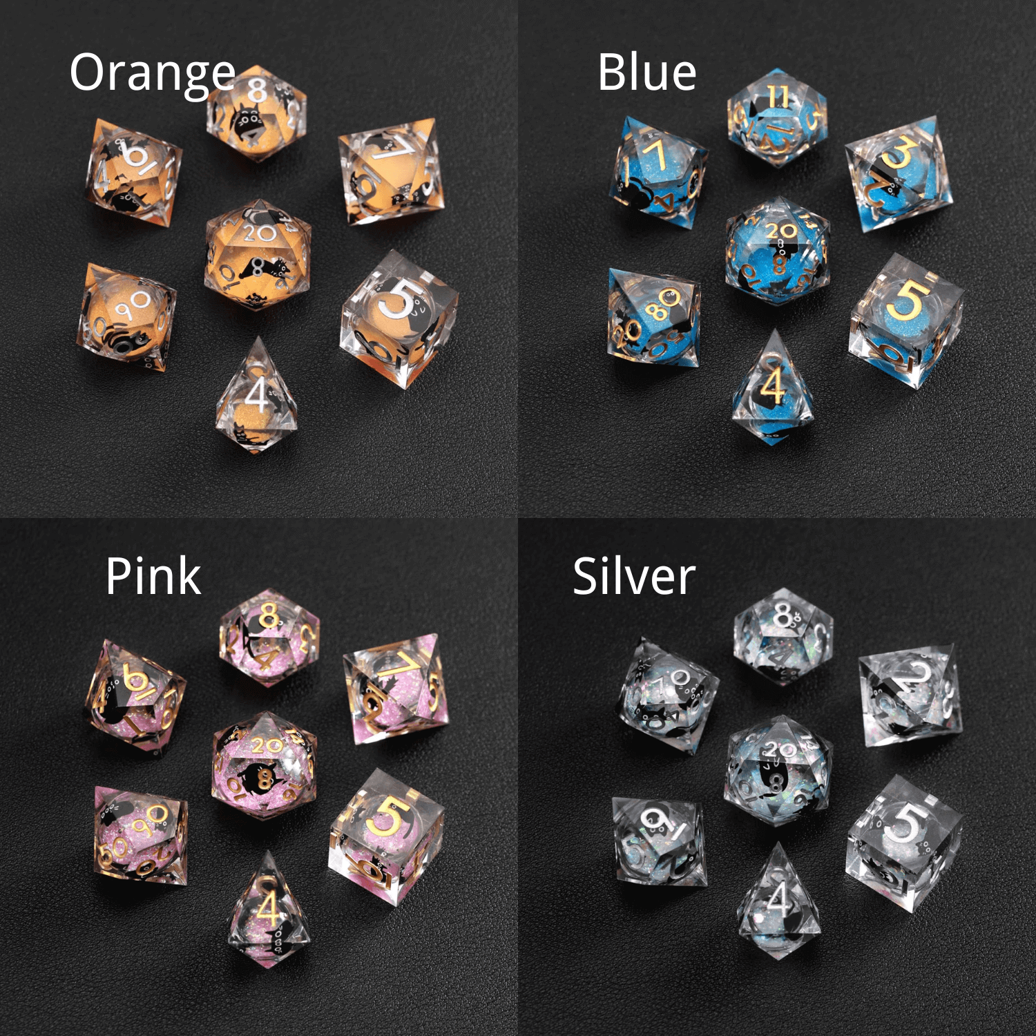 Liquid Core Dice resin set animal series showing orange, purple, pink, and silver swirl designs in one collection display