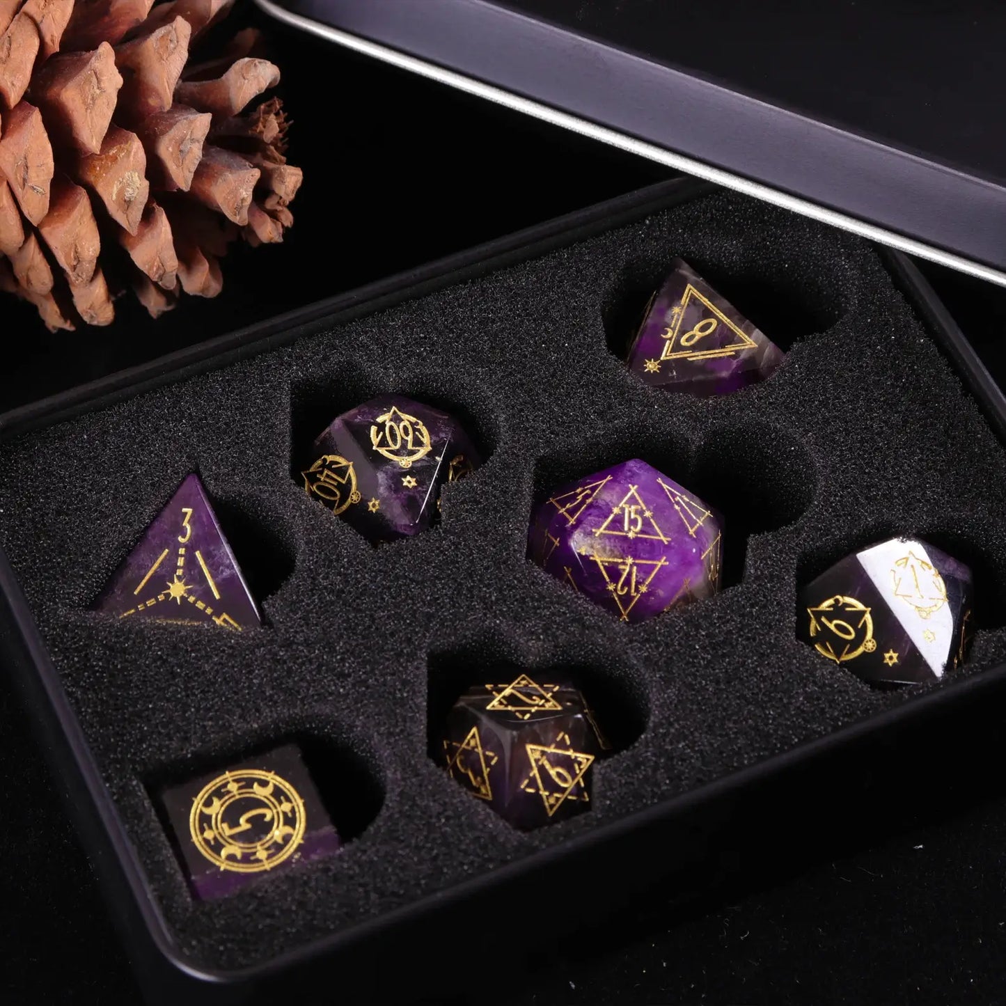 The Purple Crystal DND Dice Set presented in its luxury packaging, ideal as a high-end gift for a Dungeon Master.