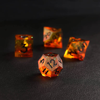 Focused shot of single orange red D12 dice with sharp edges and fiery hues