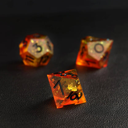 Orange red D8 dice angled to showcase sharp corners and vibrant finish